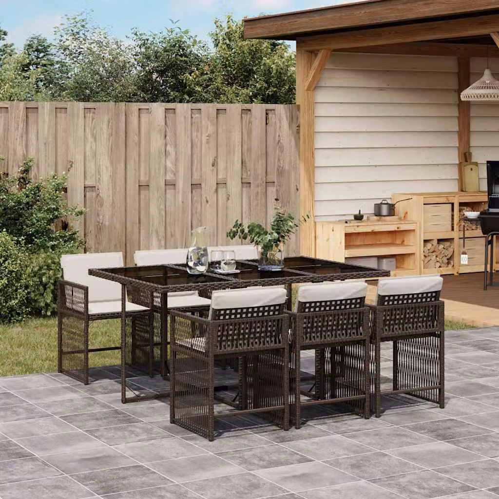 vidaXL Set da Pranzo da Giardino 7pz in Polyrattan Marrone con Piano in Vetro e Cuscini Bianchi – 1