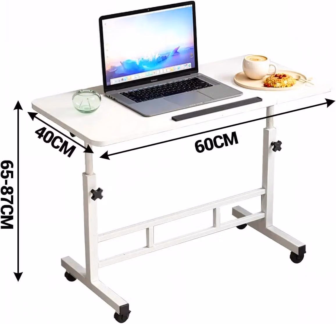 Tavolo regolabile in altezza per laptop - Tavolo mobile per computer - 60 x 40 cm - Piano del tavolo inclinabile fino a 90° - Pieghevole - Ruote bloccabili - Bianco