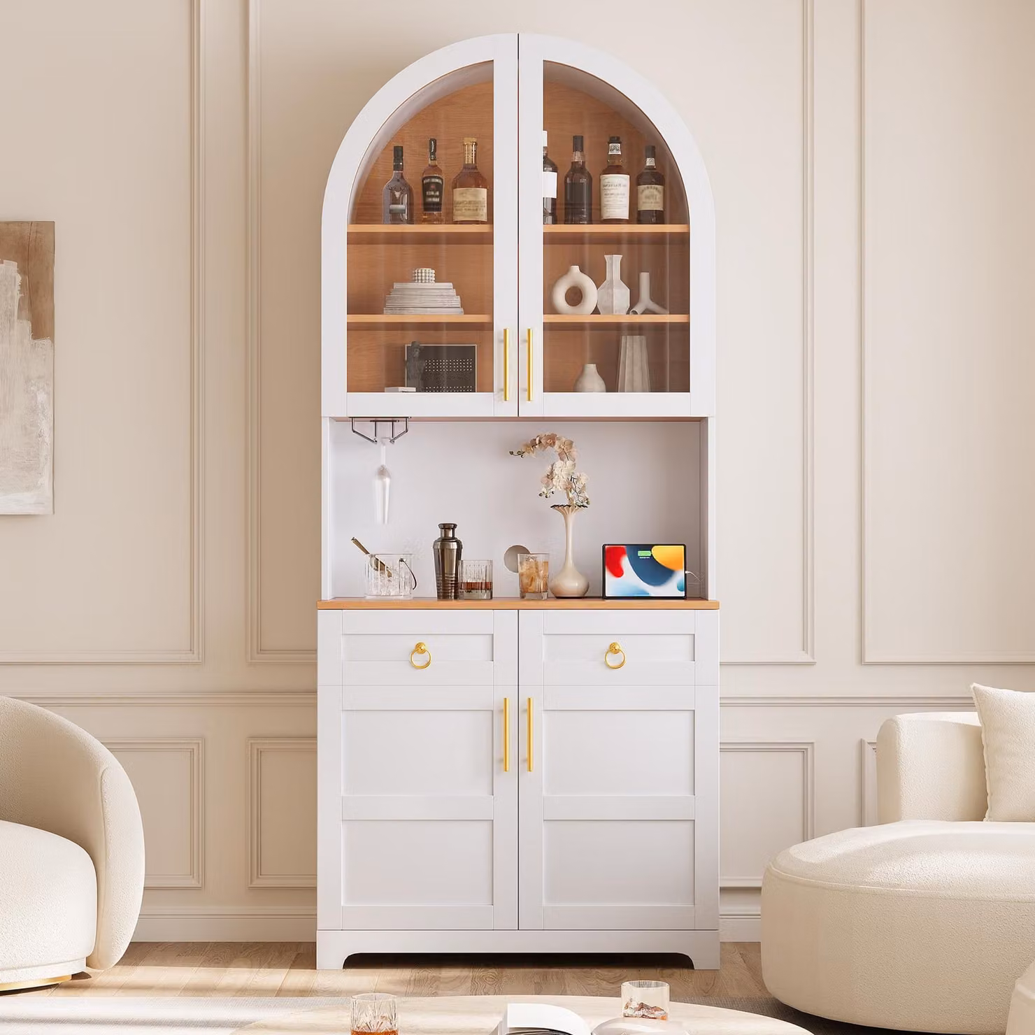 Mobiletti alti da cucina con luci LED dimmerabili controllabili tramite app, 2 cassetti, mobiletto alto con presa di corrente e porta USB, vetrina in vetro, colore bianco