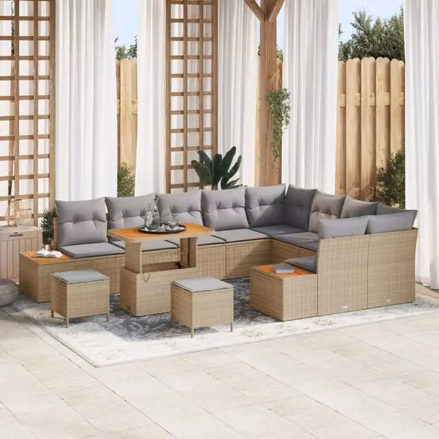 Set Divano da Giardino Moderno vidaXL a Forma a U con Tavolino e Ottoman, Colore Grigio e Beige, Struttura in Acciaio Verniciato a Polvere e Cuscini Resistenti alle Intemperie – 1
