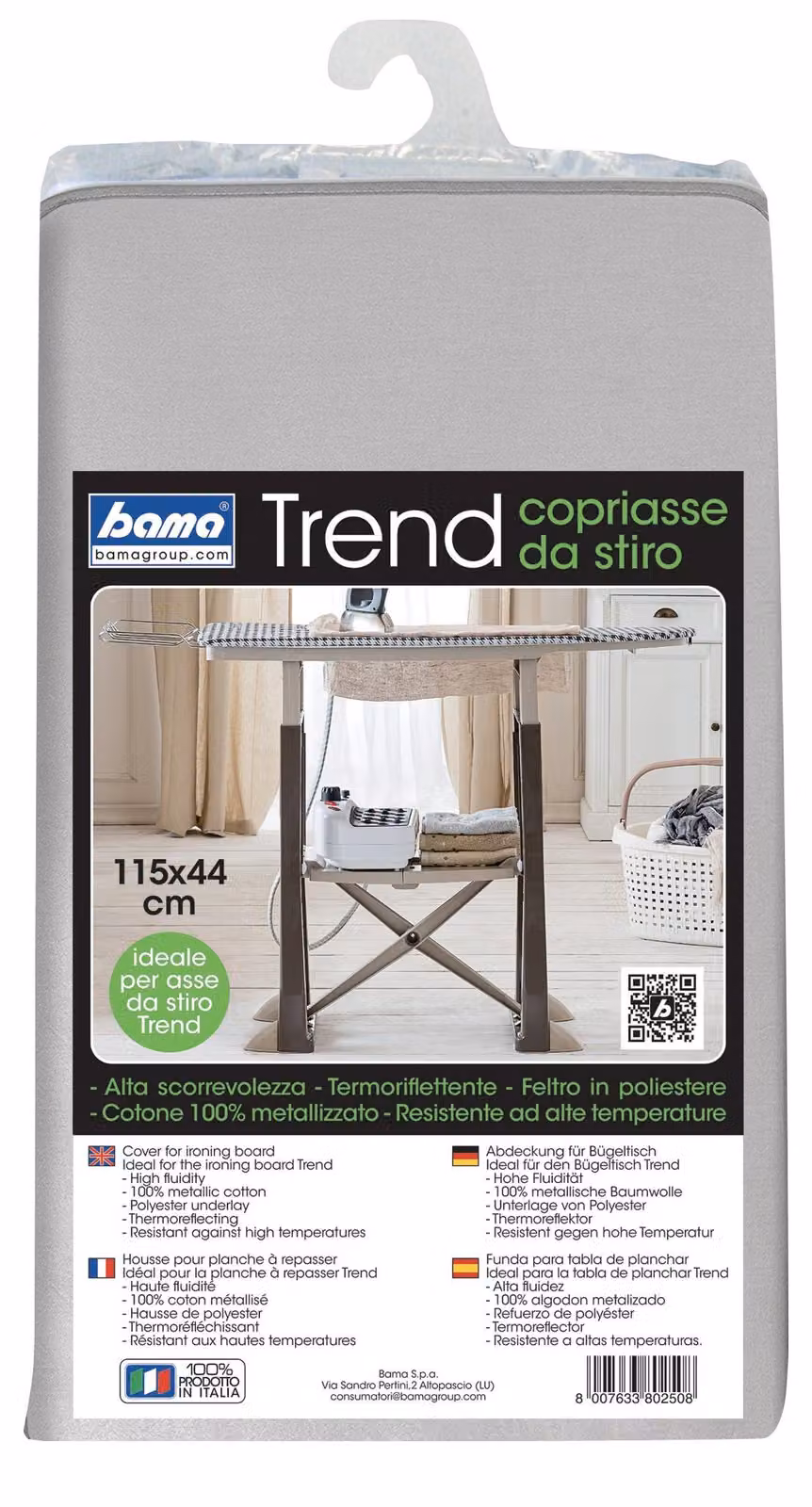 Copertura per asse da stiro, 100% cotone, colore argento, dimensioni 115x44x0,5 cm