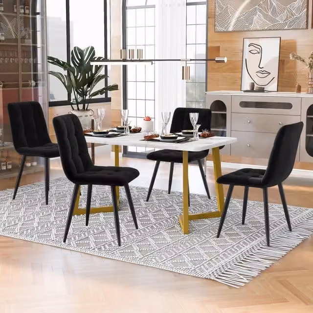 Set tavolo da pranzo rettangolare 117 cm con 4 sedie, gambe dorate, sedute in velluto nero