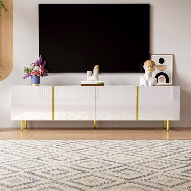 Mobile TV MINIMAL a 4 Ante Bianco Lucido con dettagli in legno e bambù