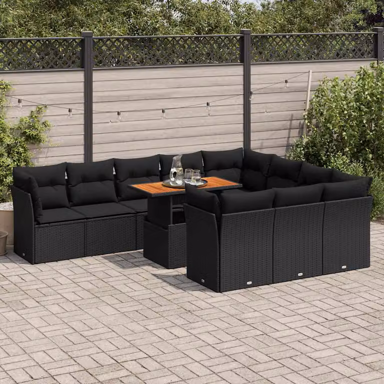 Set di divani da giardino vidaXL 11 pezzi in polyrattan nero con cuscini e struttura in legno di acacia oliato