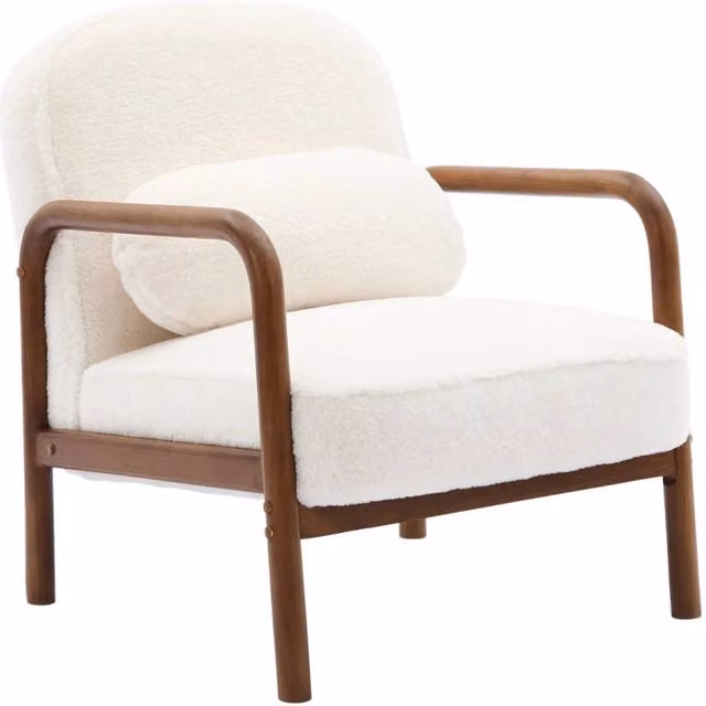 Poltrona lounge scandinava Sweeek in legno e tessuto marrone e bianco con braccioli