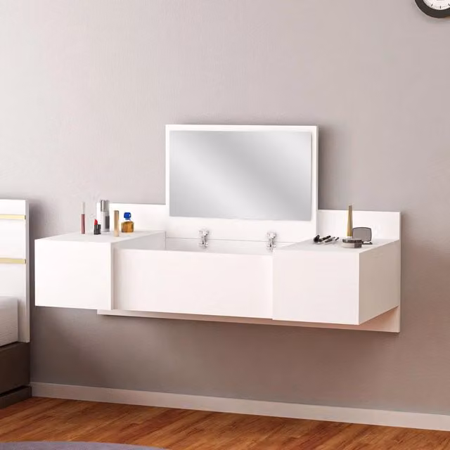 Toeletta DMORA con specchio per camera da letto, design moderno, colore bianco, L 100 cm x P 39 cm x H 33 cm