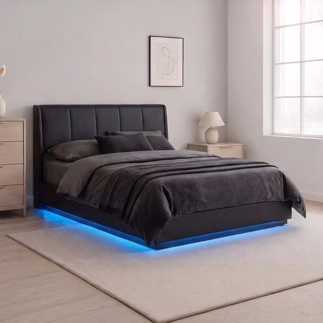 Letto Francese Contenitore Tröstiar en.casa con Apertura a Ribalta, Luce LED e Rivestimento in Similpelle Nero, L/P: 140 x 200 cm