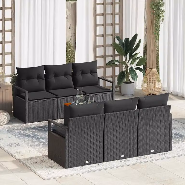 Set Divano da Giardino vidaXL 7 Pezzi in Polyrattan Nero con Cuscini e Tavolino da Esterno