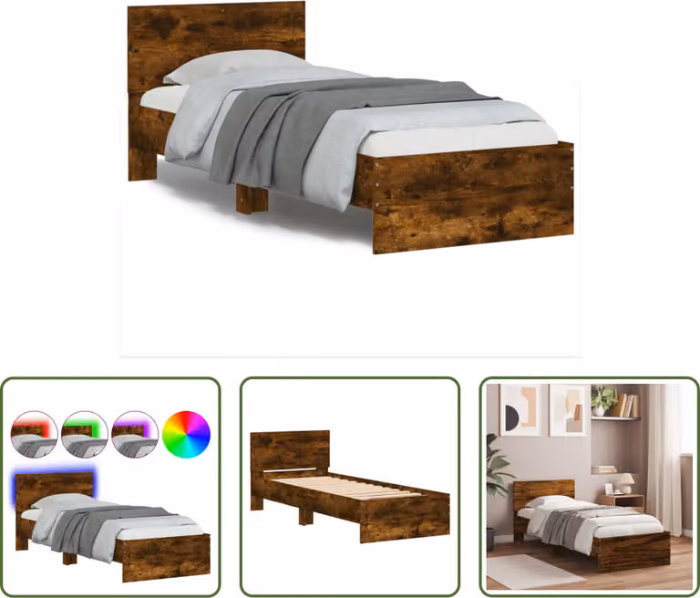 The Living Store Struttura letto con testiera e luci LED in rovere fumé 75x190cm