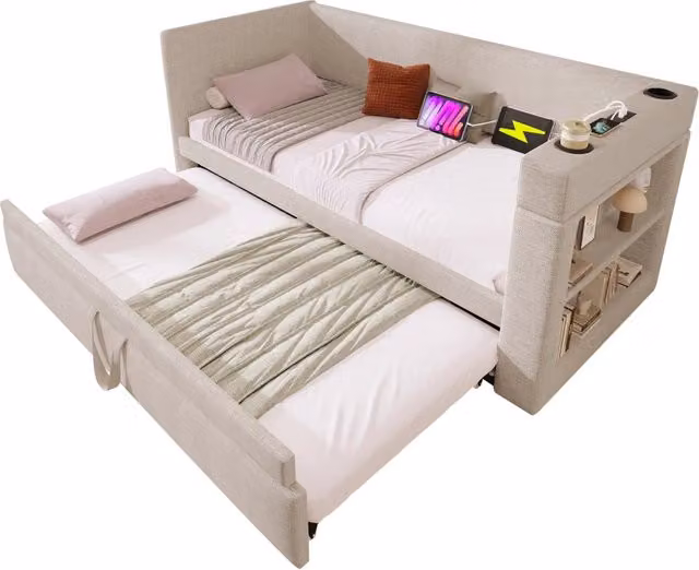 Letto a Divanetto Singolo con Letto Estrattibile, Porte di Ricarica USB e Type-C, Beige, L/P: 90 x 190 cm