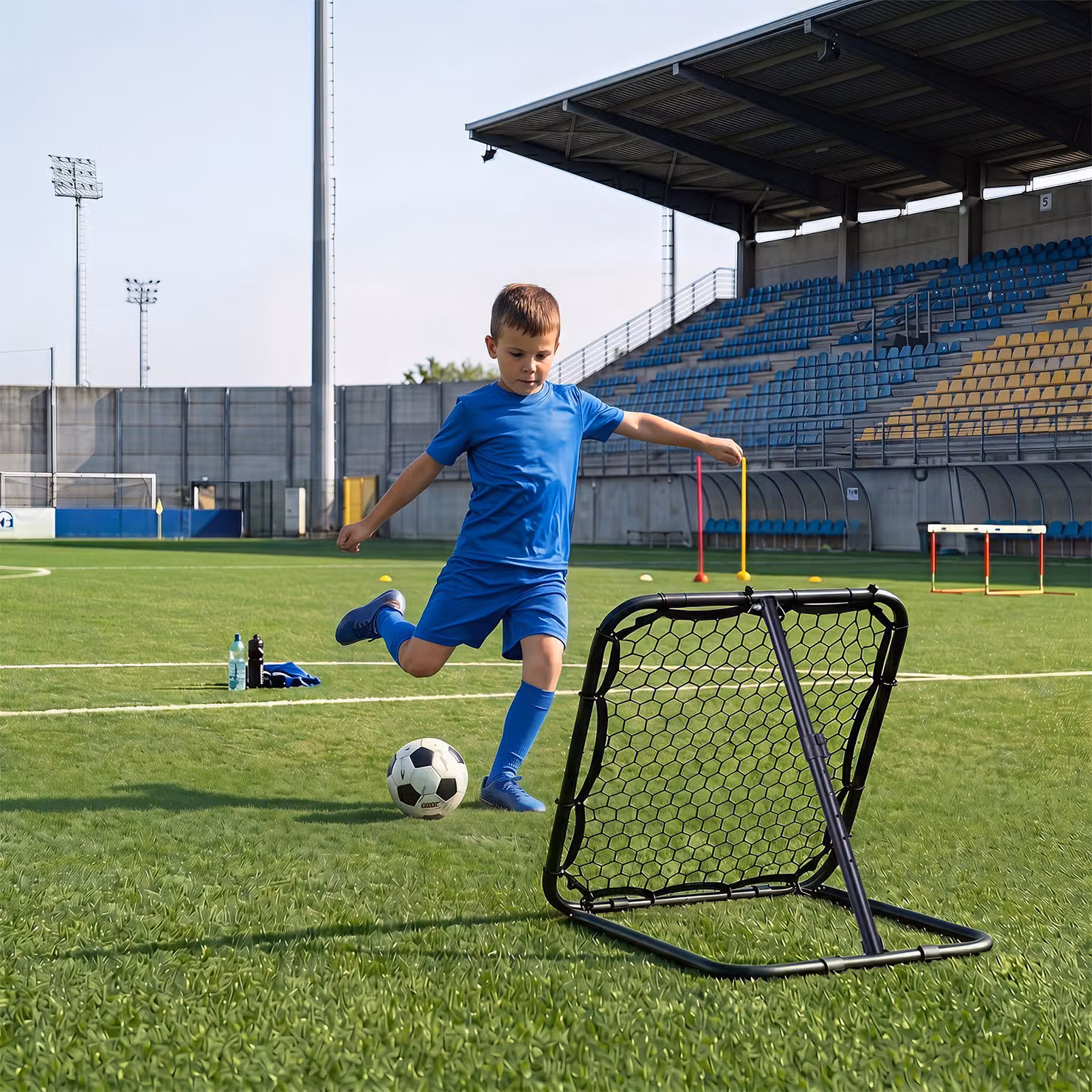 Porta calcio pieghevole Costway in metallo nero con rete da rimbalzo e picchetti per bambini dai 6 anni in su