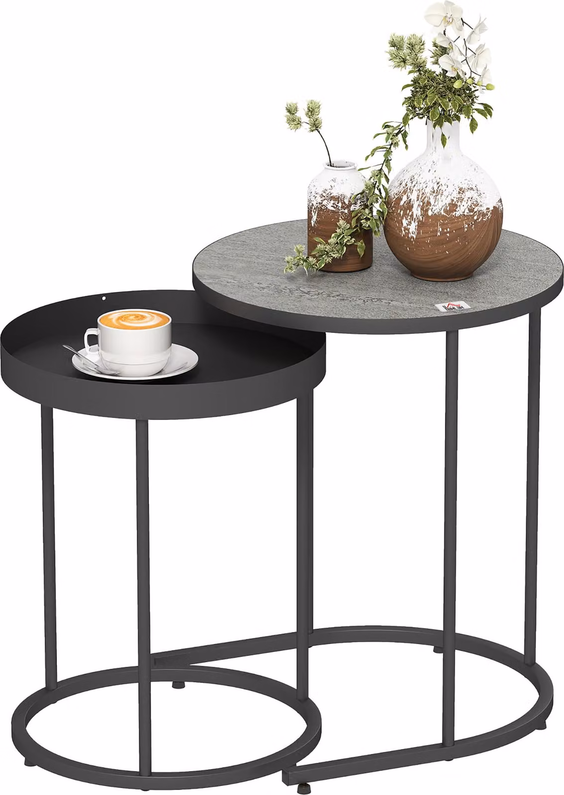 HOMCOM Tavolino rotondo, set da 2 tavolini da salotto con design a vassoio, grigio