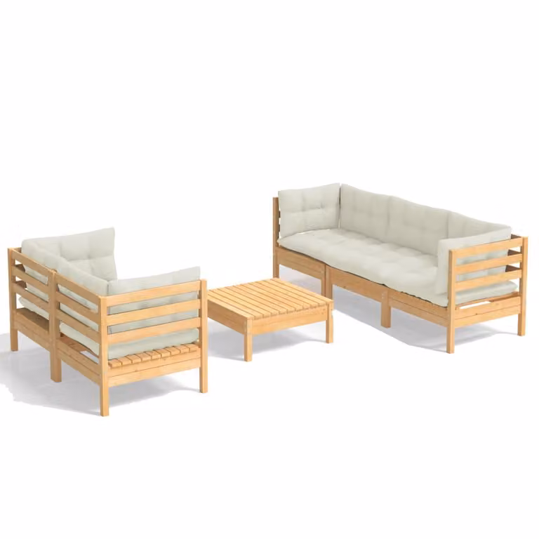 Set Salotto da Giardino 6 pz con Cuscini Crema Legno di Pino