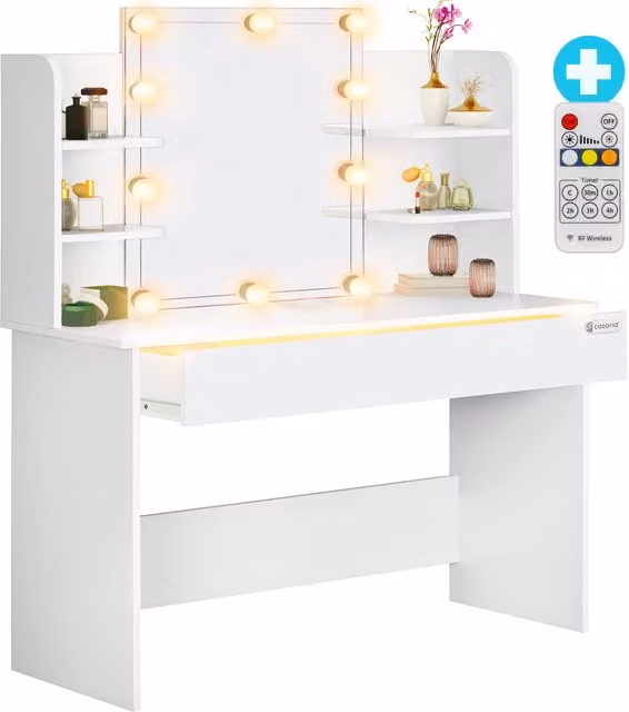 Tavolo da trucco Lucia Casaria bianco con illuminazione LED L: 140 cm, P: 110 cm, H: 40 cm