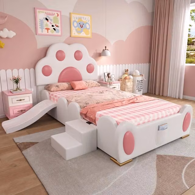 Letto singolo rialzato per bambini OKWISH con scivolo, scala a 2 gradini e tasche laterali, rosa e bianco, L/P/H: 200 x 90 x 150 cm