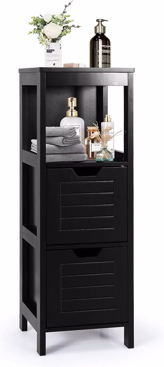 Mobile da bagno in legno, colonna laterale con 2 cassetti estraibili, organizer, mensola d'ingresso indipendente, per bagno e soggiorno (nero)