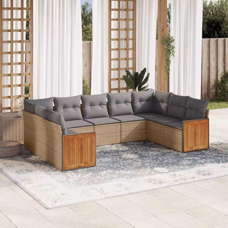 vidaXL Set Divano da Giardino a L 9 pz con Cuscini Beige e Grigio in Polyrattan e Legno di Acacia