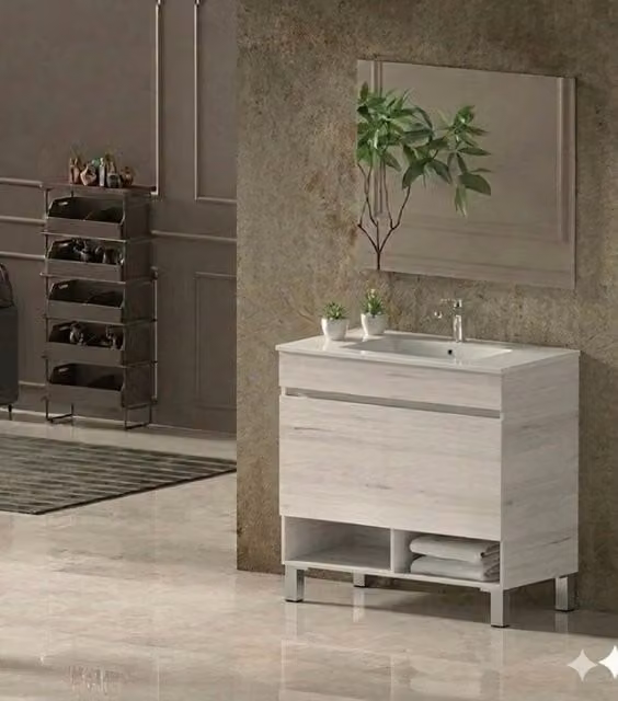 Mobile Bagno NEBARI com gambe Già Montato 1 cassetto, lavabo e specchio Bianco nordico 120x45 cm doppio lavabo