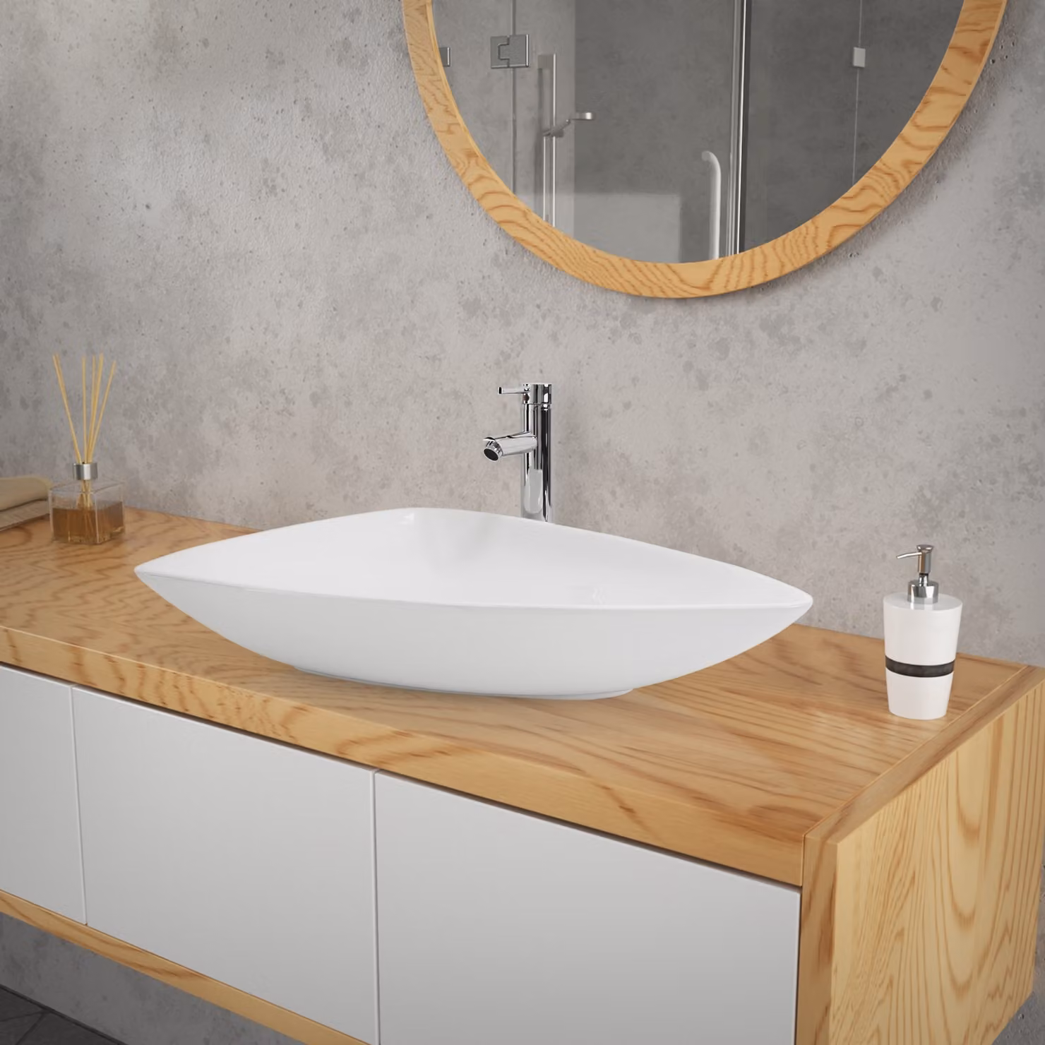 LuxeBath Lavabo da appoggio Lavabo triangolare, 69x46x13 cm, bianco lucido, in Vetroceramica