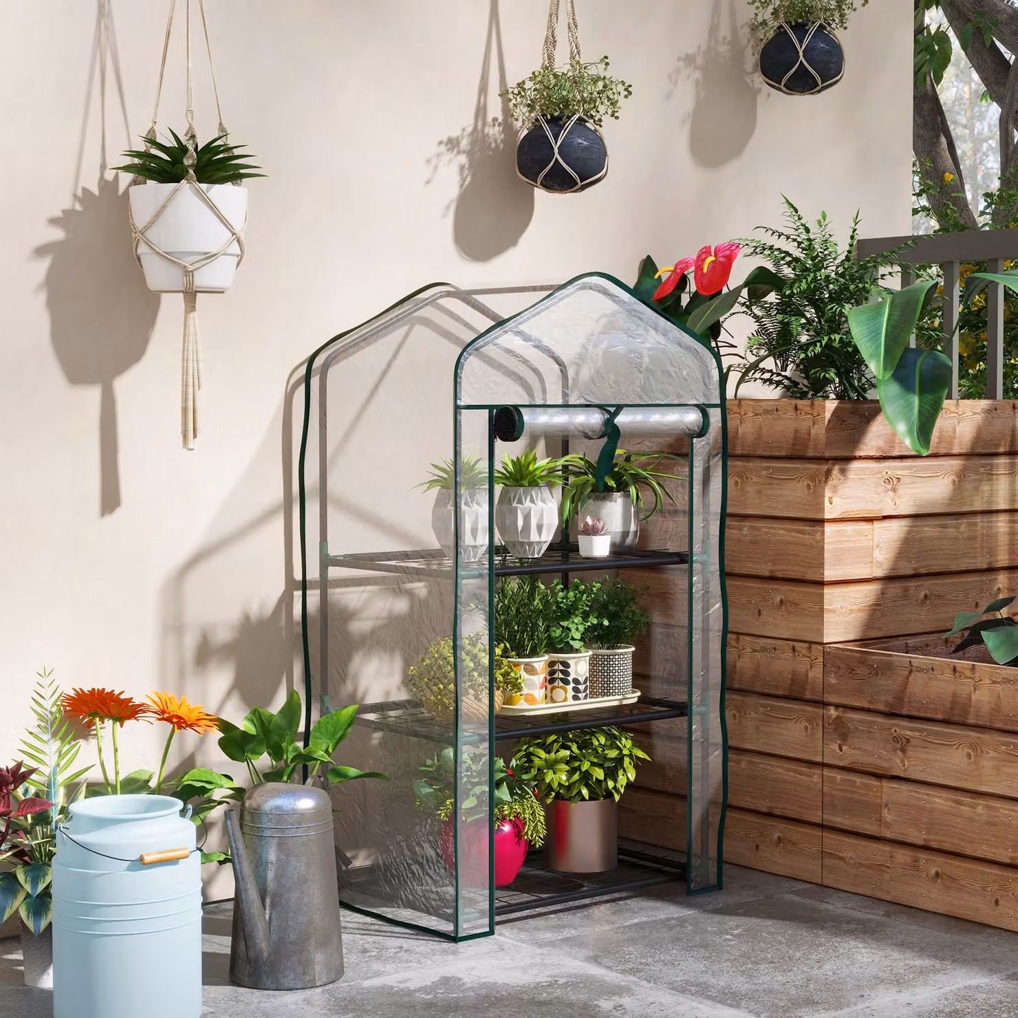 Mini Serra da Giardino Outsunny con Copertura in PE, 3 Ripiani e Porta Avvolgibile, Trasparente, L/P/H: 59 x 39 x 127 cm – 2