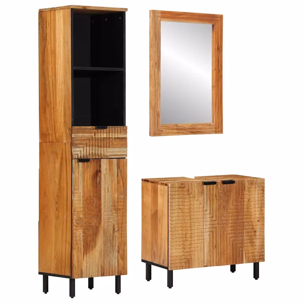 Set di mobili da bagno vidaXL in legno di acacia marrone composto da 3 pezzi con mobile sottolavabo, armadio alto e specchiera, L/P/H: 38 x 33 x 160 cm