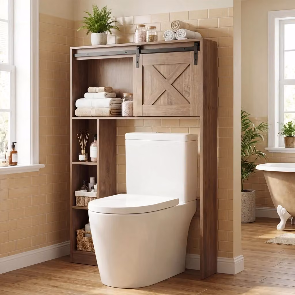 Armadietto da bagno indipendente in stile rustico con ante scorrevoli e ripiani interni, Marrone, L: 40 cm, P: 17 cm, H: 84,5 cm – 2
