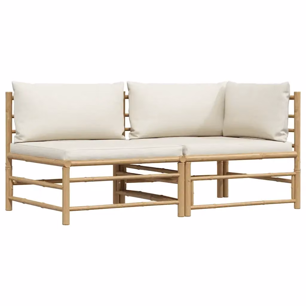 vidaXL Set di Divani da Giardino a L con Cuscini in Bambù, Colore Bianco e Beige – 2
