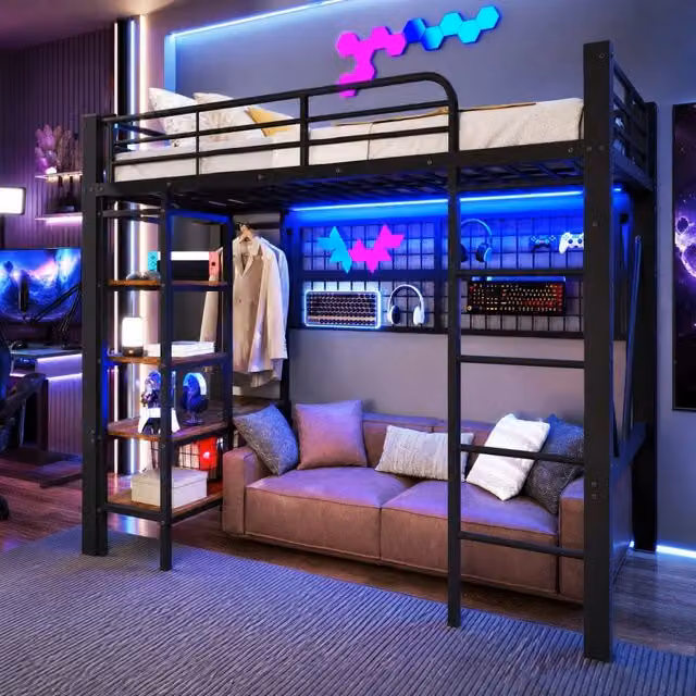 Letto a soppalco singolo MIVRAY nero con illuminazione LED controllabile tramite app, ripiano e stendino in metallo e MDF, L/P/H: 90 x 200 x 204 cm