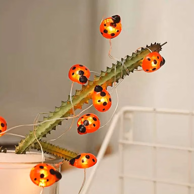 Catena luminosa da 3 metri, 30 LED a forma di coccinella, luce bianca calda, alimentazione a batteria