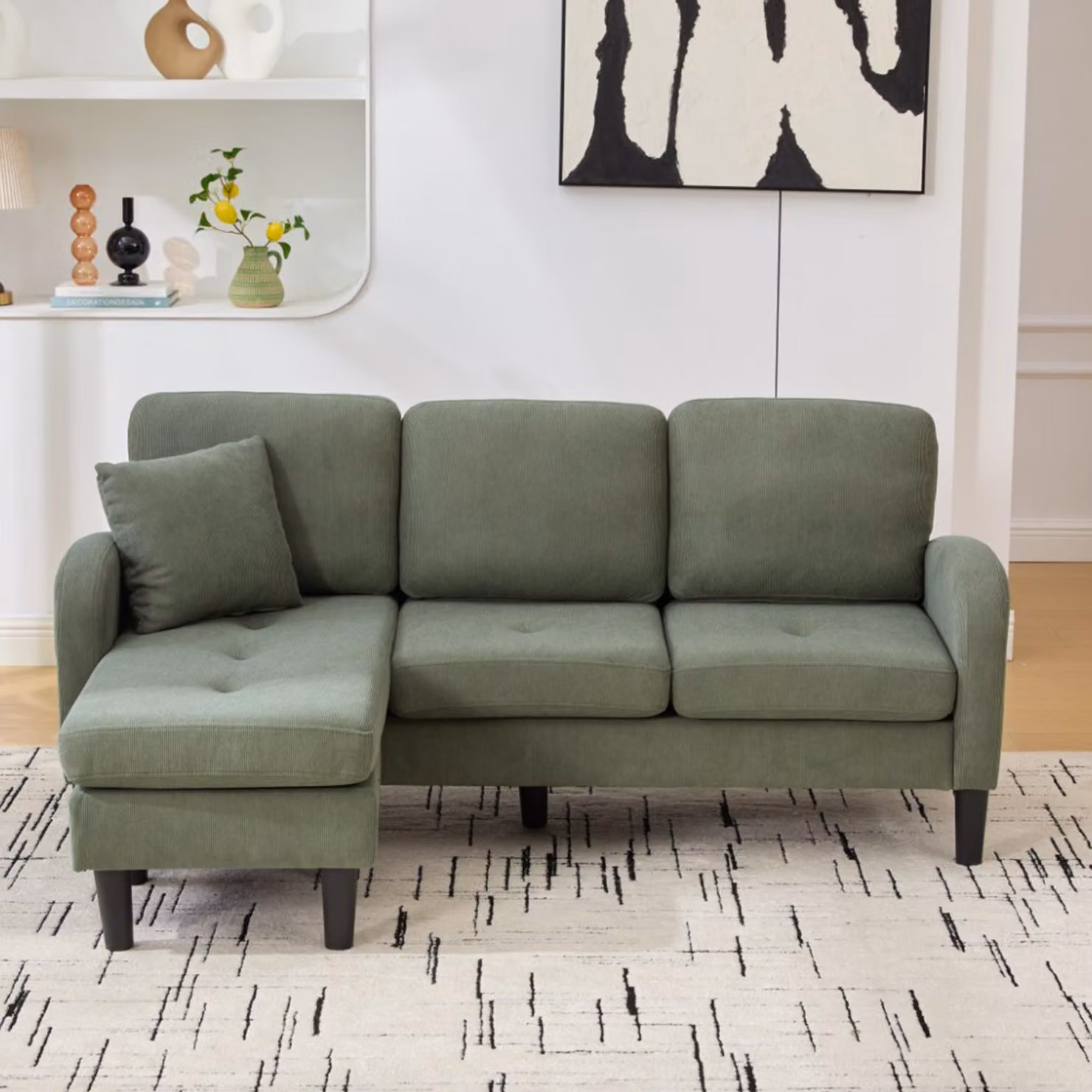 Divano angolare a forma di L con chaise longue, dimensioni 166x118x77 cm, rivestito in tessuto, design modulare, divano a 3 posti ideale per piccoli spazi, salotti e uffici