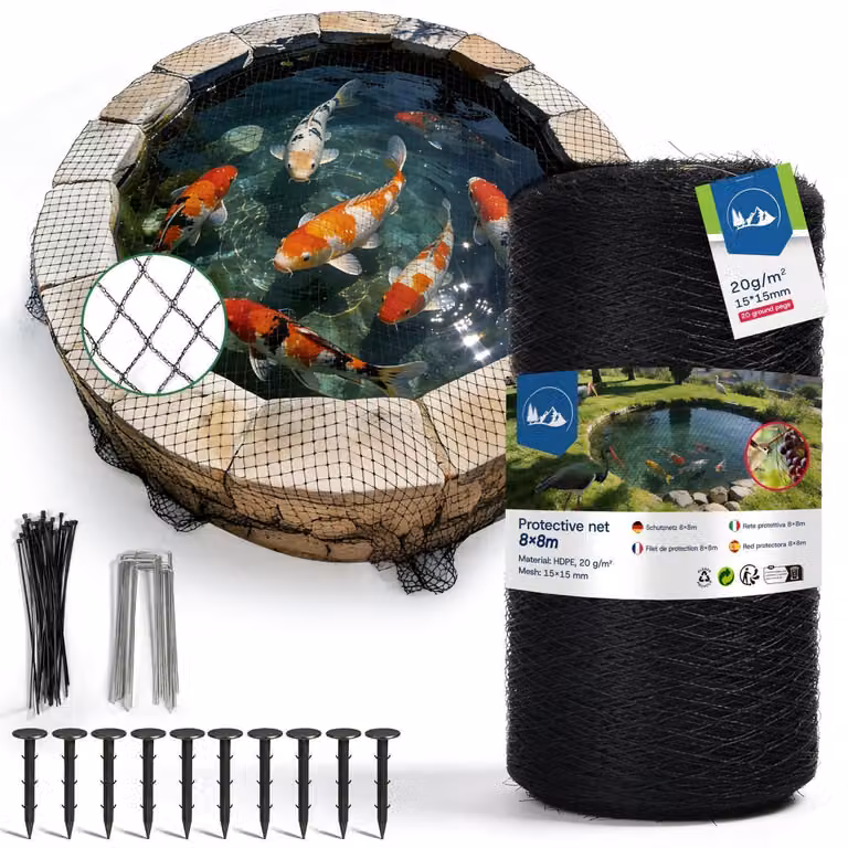 Rete protettiva per uccelli, rete per stagni, a maglia fine, dimensioni 4x10 metri, dimensione della maglia 15x15 mm, peso 20 g/m², con accessori