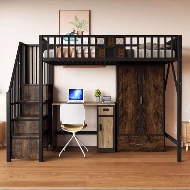 Letto a soppalco in metallo 90x200 cm con design ringhiera in legno e rete metallica, armadio grande, cassetti e scala contenitore, nero