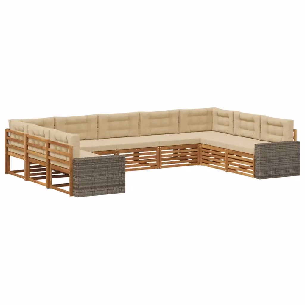 Set di divani da esterno a forma di U vidaXL in legno di acacia e tessuto beige con cuscini inclusi – 2