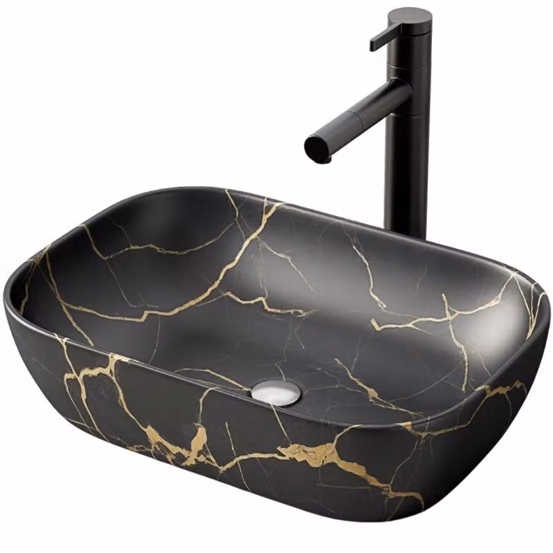 Lavabo da appoggio nero opaco marmo con venature ovale in Vetroceramica 46,5x33 cm