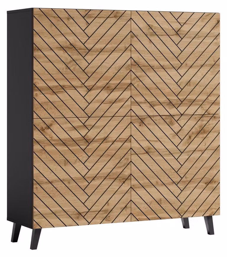 Cassettiera Highboard Phuket 120x39x128cm 4 ante colore selezionabile, nero grafite / rovere motivo a spina di pesce Wotan