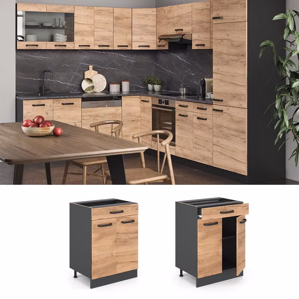 Mobiletto base per cucina Vicco R-Line in rovere e antracite con cassetto e ante a battente L: 60 cm, H: 81,6 cm, P: 46 cm – 2