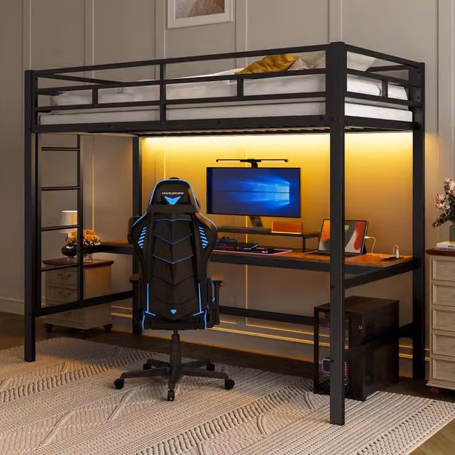 Letto a soppalco 90x200 cm nero in metallo con scrivania con prese USB e USB-C, luci LED e sponde, certificato EN747, senza materasso