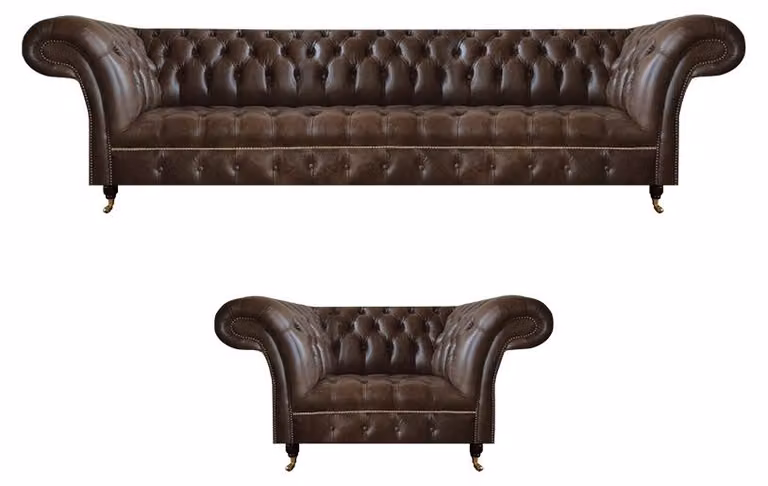 Braune Chesterfield Kunstleder Garnitur Wohnzimmer Dreisitzer 2-Sitzer