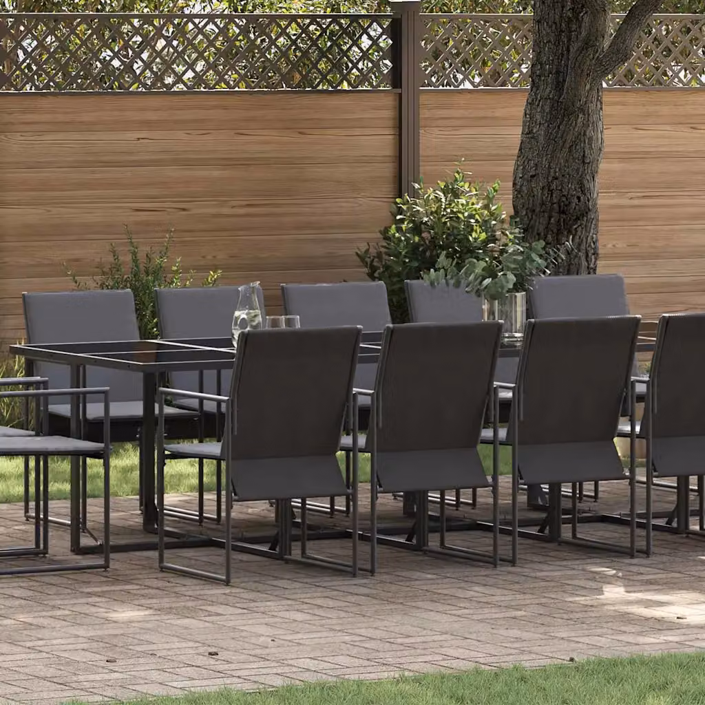 Set da pranzo per giardino e terrazza vidaXL in acciaio verniciato nero e vetro, 15 pezzi