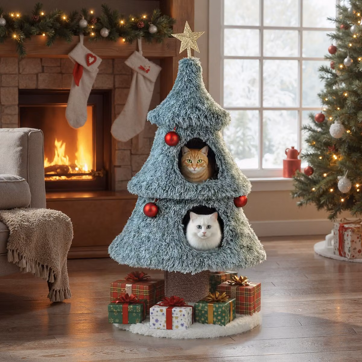 Albero di Natale per gatti Costway verde con torre a più livelli, grotta e giocattoli integrati in tessuto