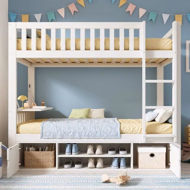 Letto a castello 2 posti 90 × 200 cm con tavolo ribaltabile e scarpiera integrata in legno bianco con rete a doghe