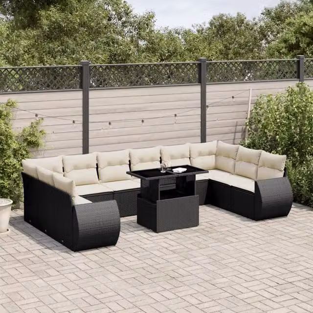 Set di Divani da Giardino vidaXL in Polyrattan Nero con Cuscini Bianchi e Tavolino da Esterno a Forma di U – 1