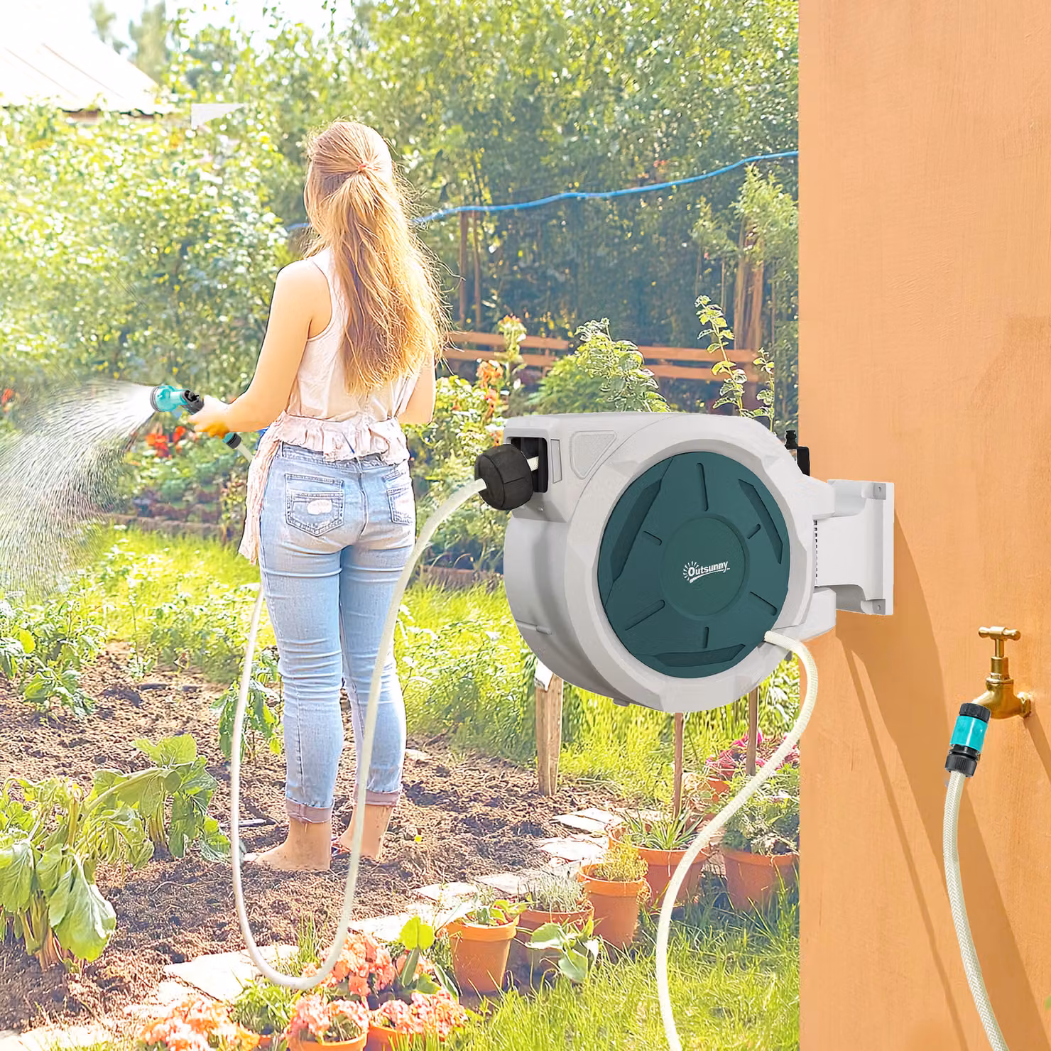 Avvolgitubo da parete automatico Outsunny grigio con tubo da 30 m e Ø 13 mm – 2