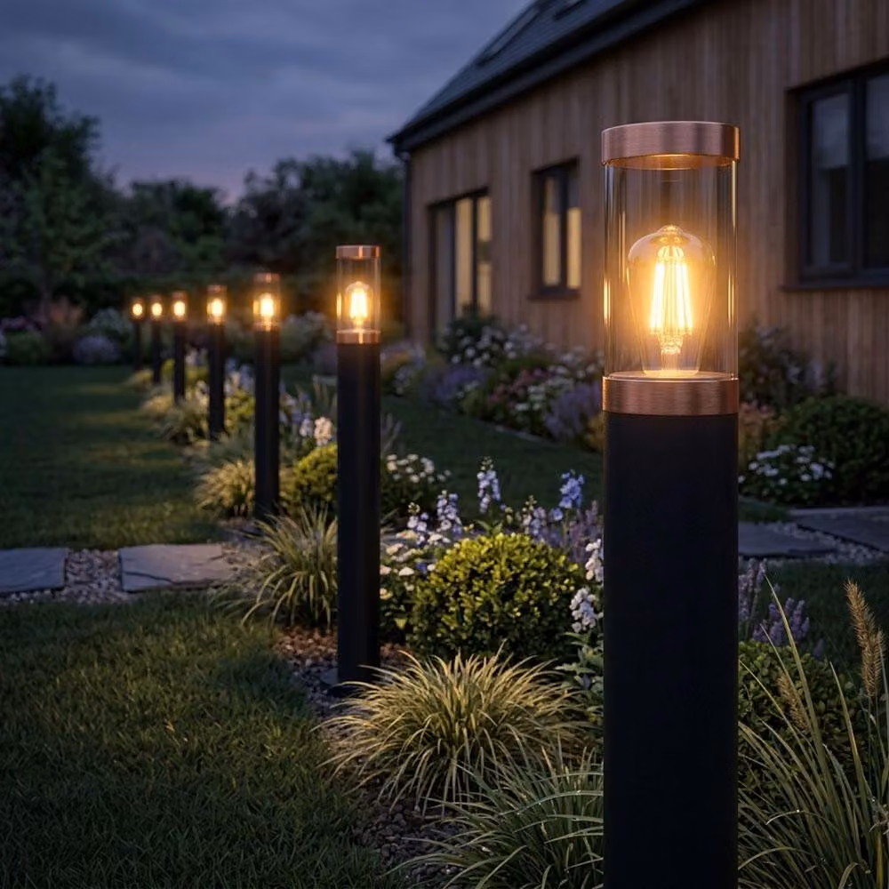 Lampada da terra, acciaio inossidabile, rame, vetro fumé, grado di protezione IP44, altezza 110 cm