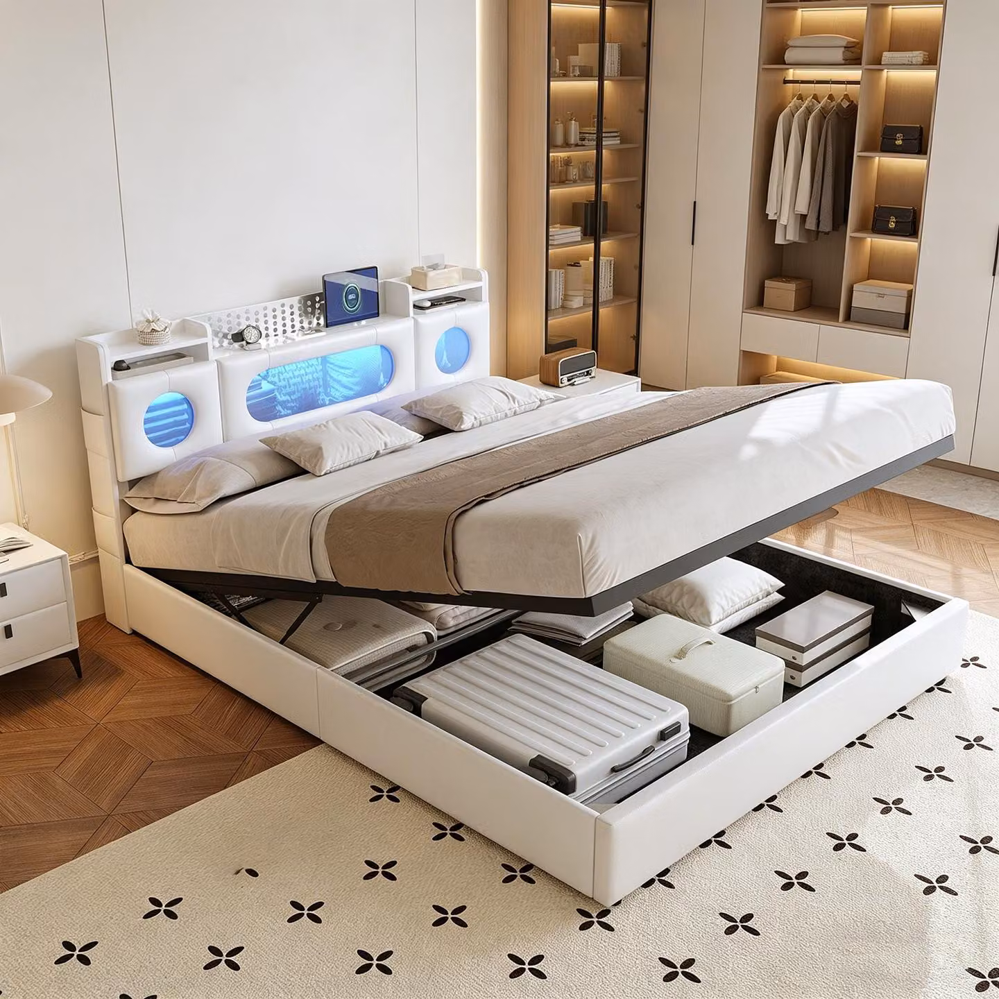 Letto matrimoniale con boxspring, imbottito, 160x200, con LED e porta USB-C, modello con sistema di sollevamento idraulico, contenitore e testiera, rete a doghe, rivestito in PU, colore bianco
