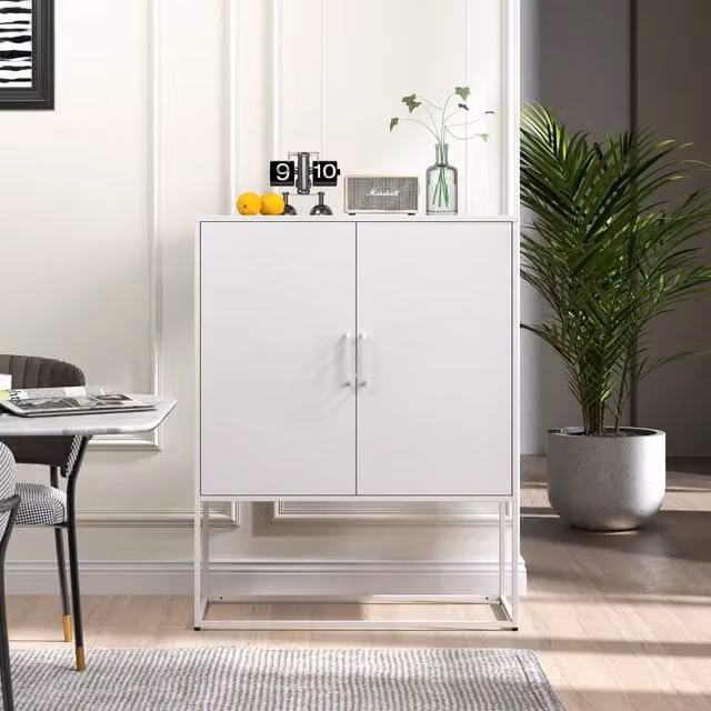 Credenza e madia in metallo con ante magnetiche e 2 ripiani, per cucina e soggiorno, bianco, 85 × 40 × 109 cm