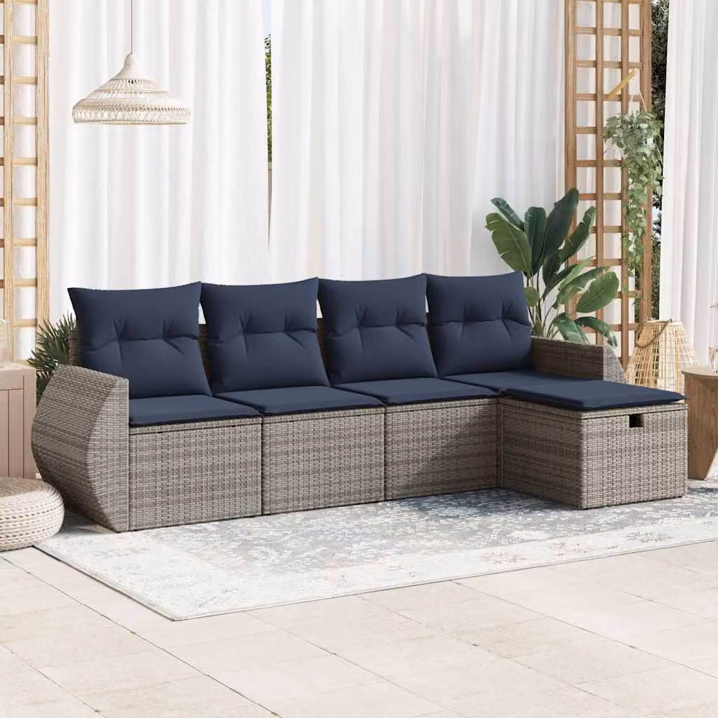Set Divano da Giardino vidaXL 5 pz a Forma a L con Cuscini, Polyrattan e Metallo, Grigio e Blu