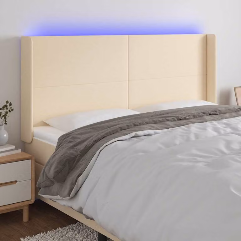 Testiera per letto vidaXL in tessuto beige con illuminazione LED e porta di ricarica USB, L: 163 cm, P: 16 cm, H: 118/128 cm