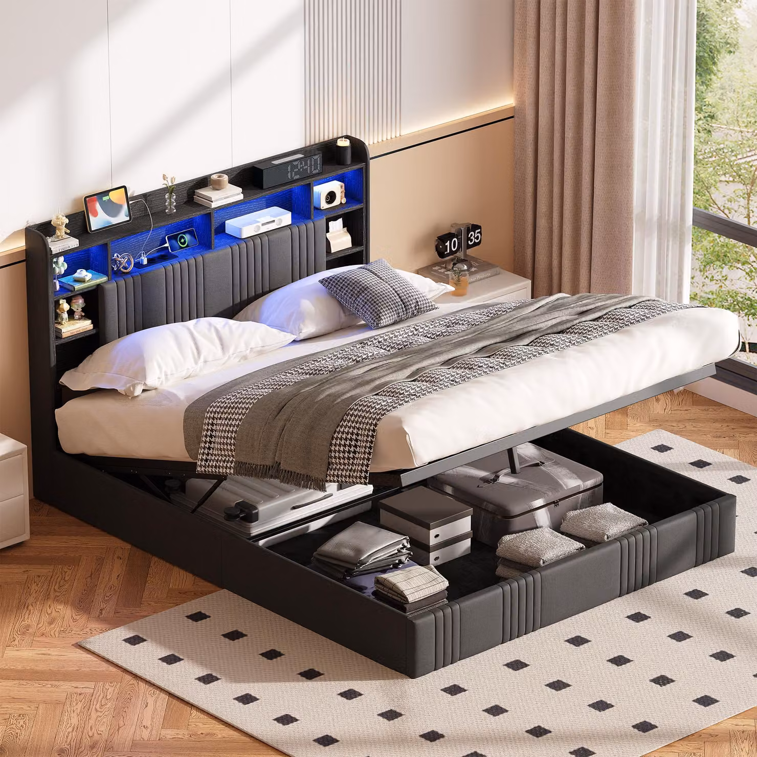 Letto contenitore ProximaX, dimensioni 160x200 cm, tessuto in lino grigio scuro, con sistema di sollevamento idraulico, luci LED RGB e porta USB-C