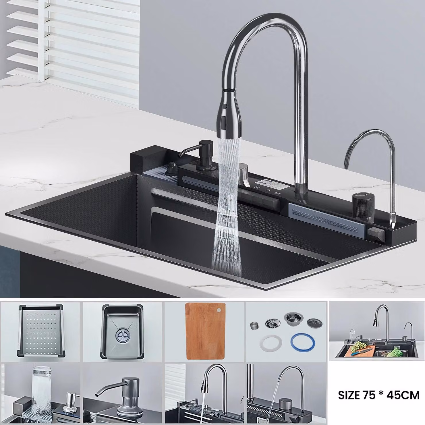 Lavello da cucina - Lavello a cascata multifunzionale - Smart - Display digitale integrato - Vasca singola di grandi dimensioni - PVC - Nero